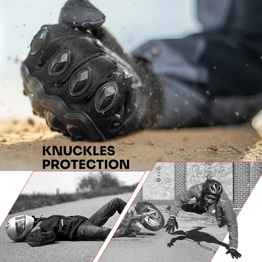 Motorcycle gloves with knuckles protection shown on a road, emphasizing safety.