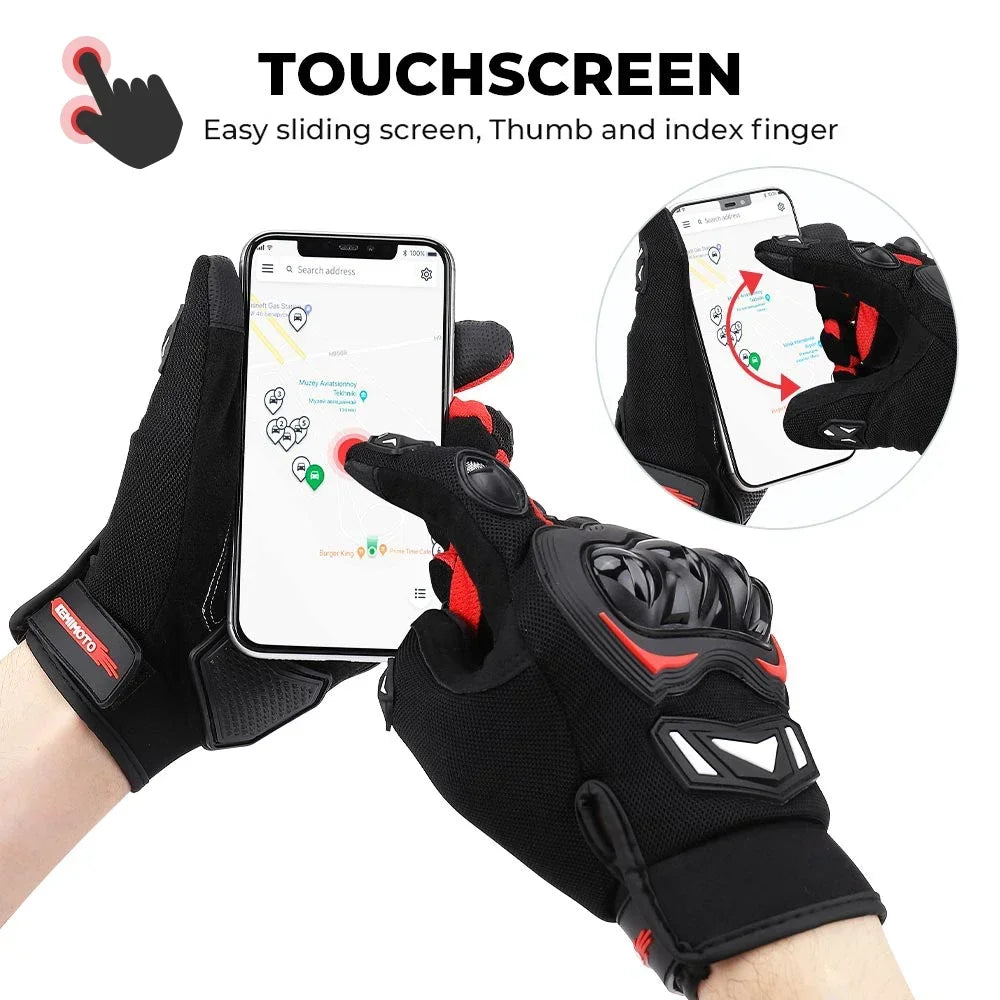 Black and red touchscreen gloves with a smartphone app interface on a white background