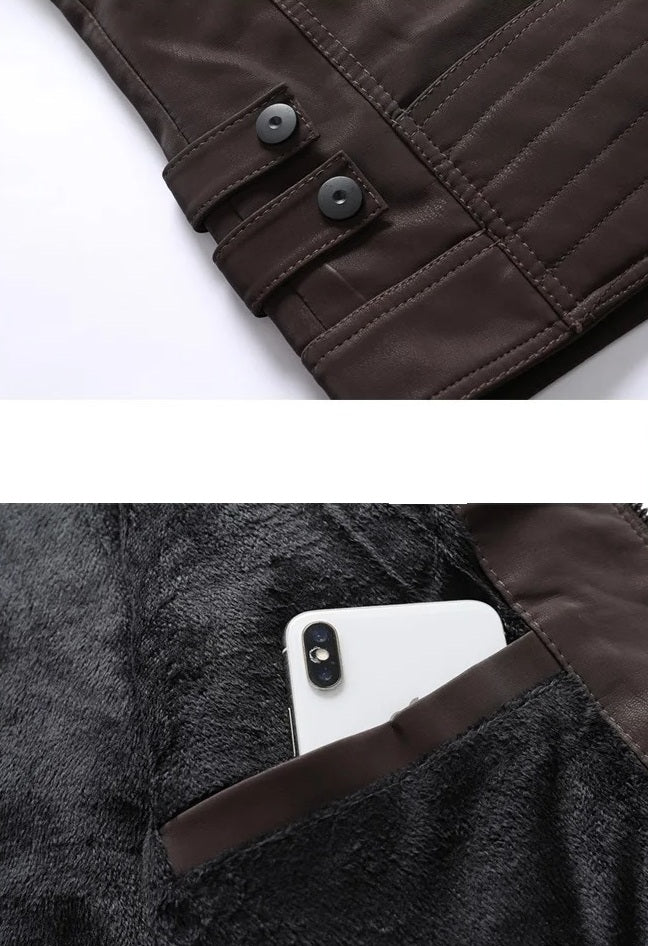 Men’s Winter PU Leather Motorcycle Jacket – Vintage Fleece-Lined Multi-Pocket Coat