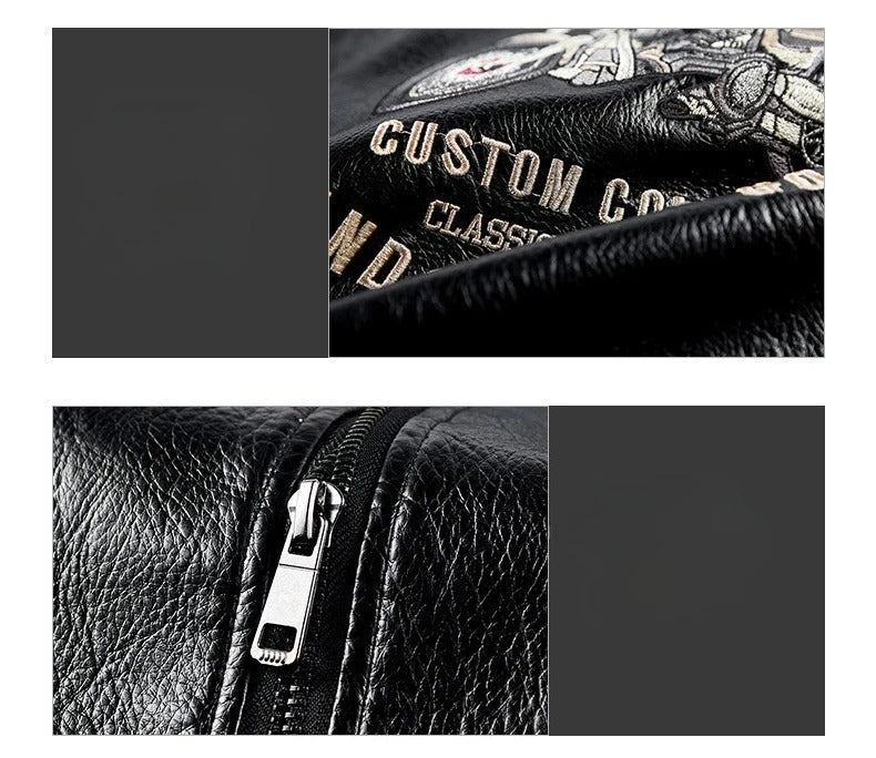 Men’s Embroidery PU Leather Motorcycle Jacket – Slim Fit Casual Pilot Biker Coat