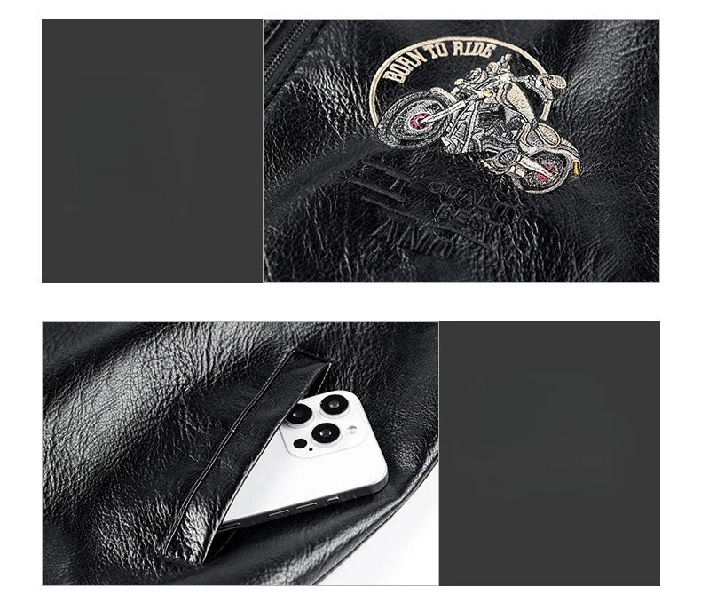 Men’s Embroidery PU Leather Motorcycle Jacket – Slim Fit Casual Pilot Biker Coat