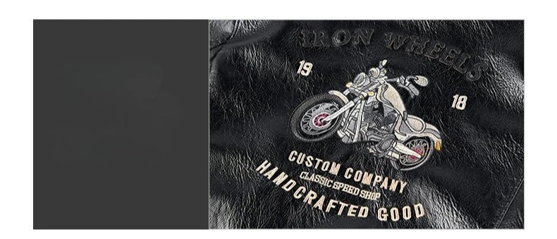 Men’s Embroidery PU Leather Motorcycle Jacket – Slim Fit Casual Pilot Biker Coat