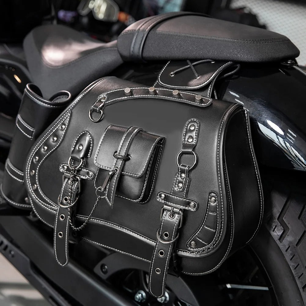 Universal Retro Motorcycle Saddlebag – PU Leather Saddlebag with Side Gear Cup Bag