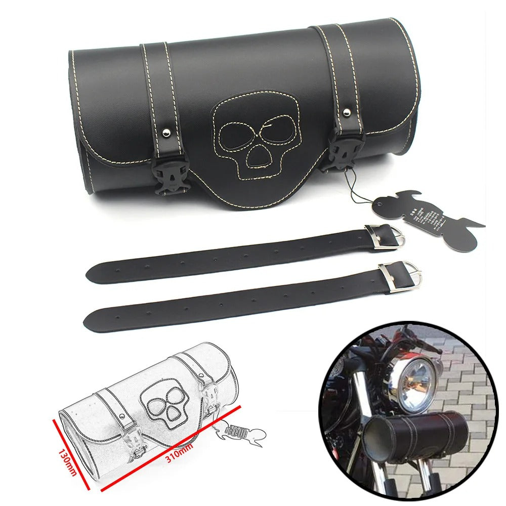 Skull Embroidered Motorcycle Tool Bag – PU Leather Handlebar Roll Saddlebag