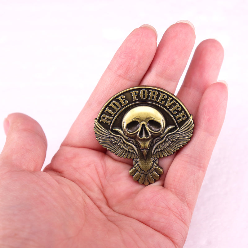 Ride Forever Skull Pin – Vintage Enamel Motorcycle Brooch