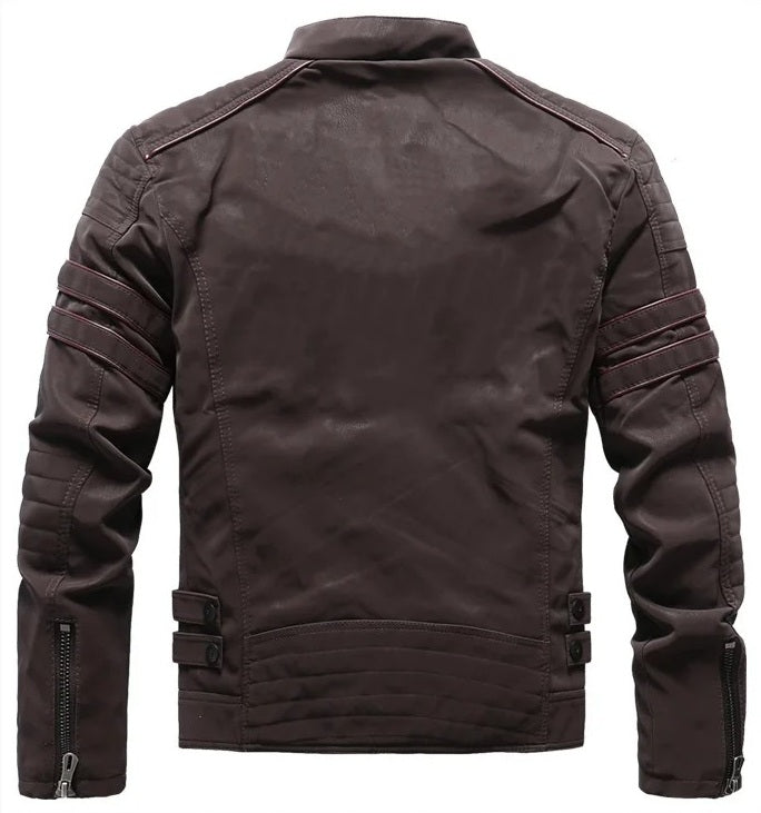 Men’s Winter PU Leather Motorcycle Jacket – Vintage Fleece-Lined Multi-Pocket Coat