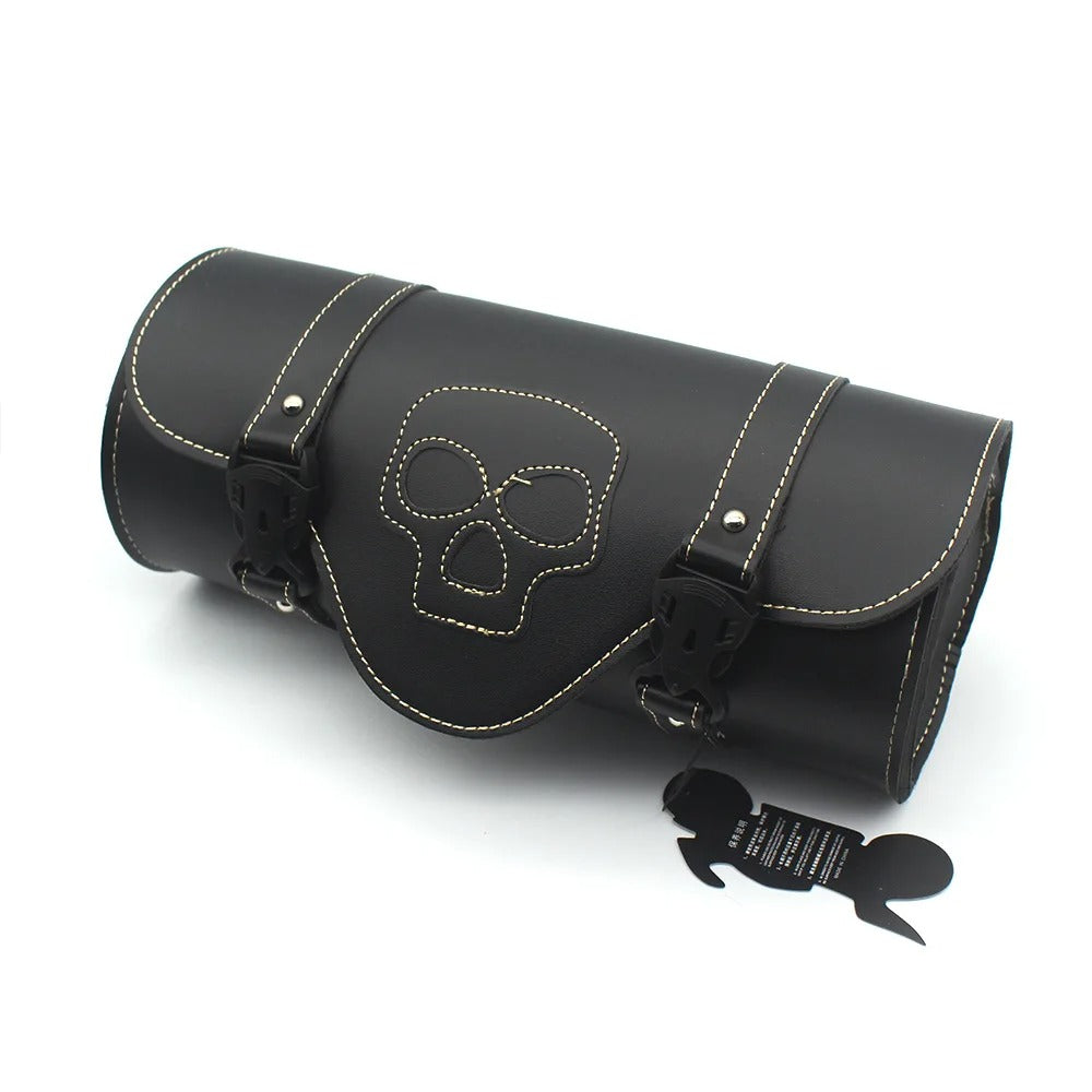 Skull Embroidered Motorcycle Tool Bag – PU Leather Handlebar Roll Saddlebag