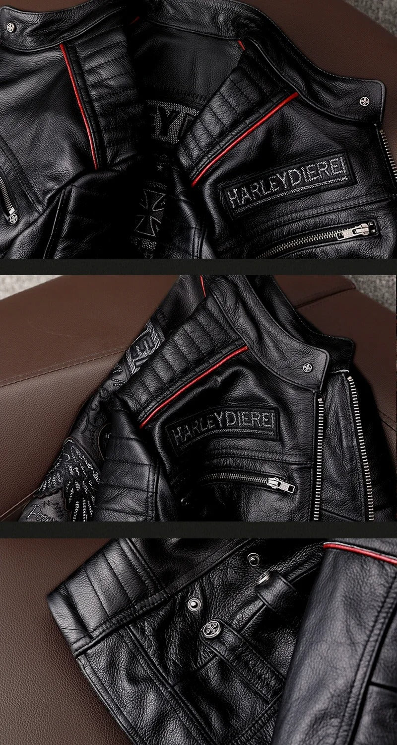 Men’s Cowhide Leather Motorcycle Jacket – Skull Embroidery Slim Fit Biker Coat