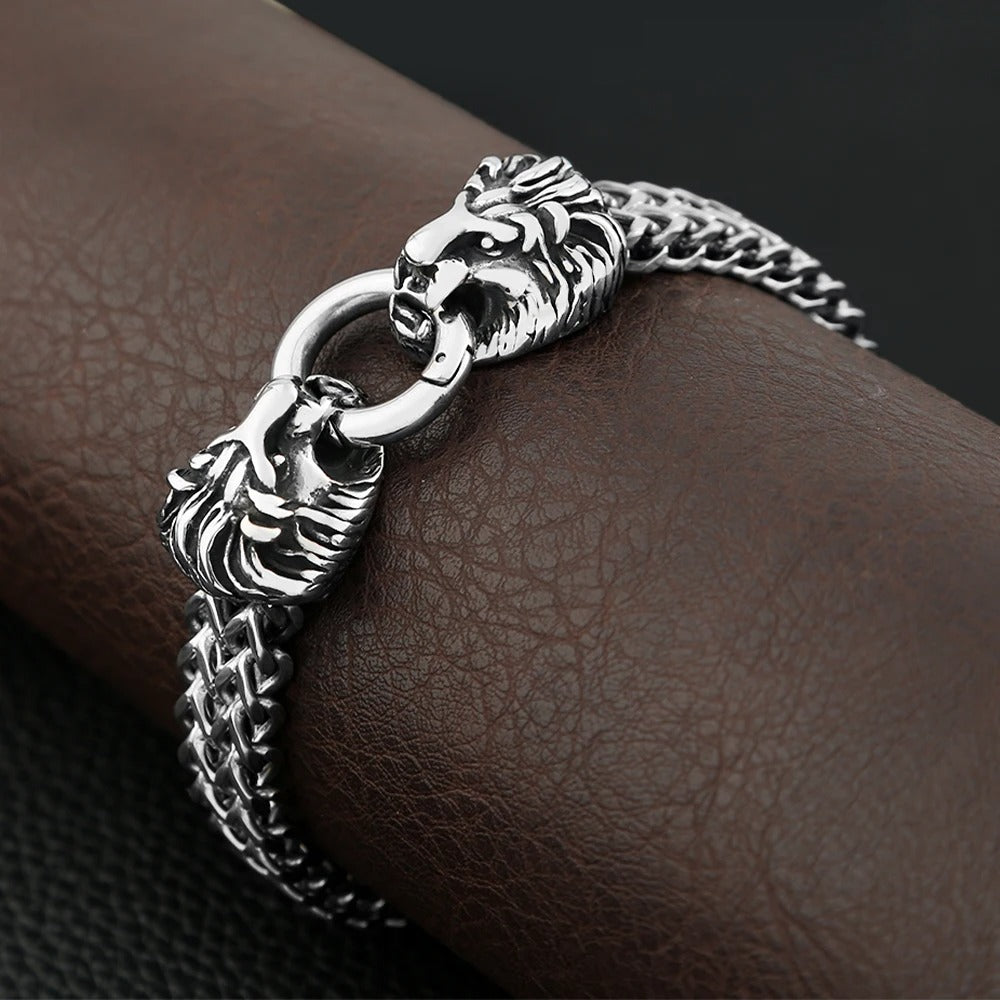 Double Lion Head Stainless Steel Bracelet – Punk Rock Biker Jewelry