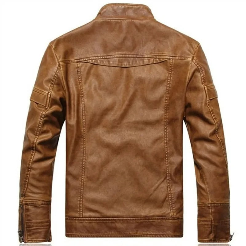 Men’s PU Leather Jacket – Classic Motorcycle Coat with Rivet Details & Mandarin Collar