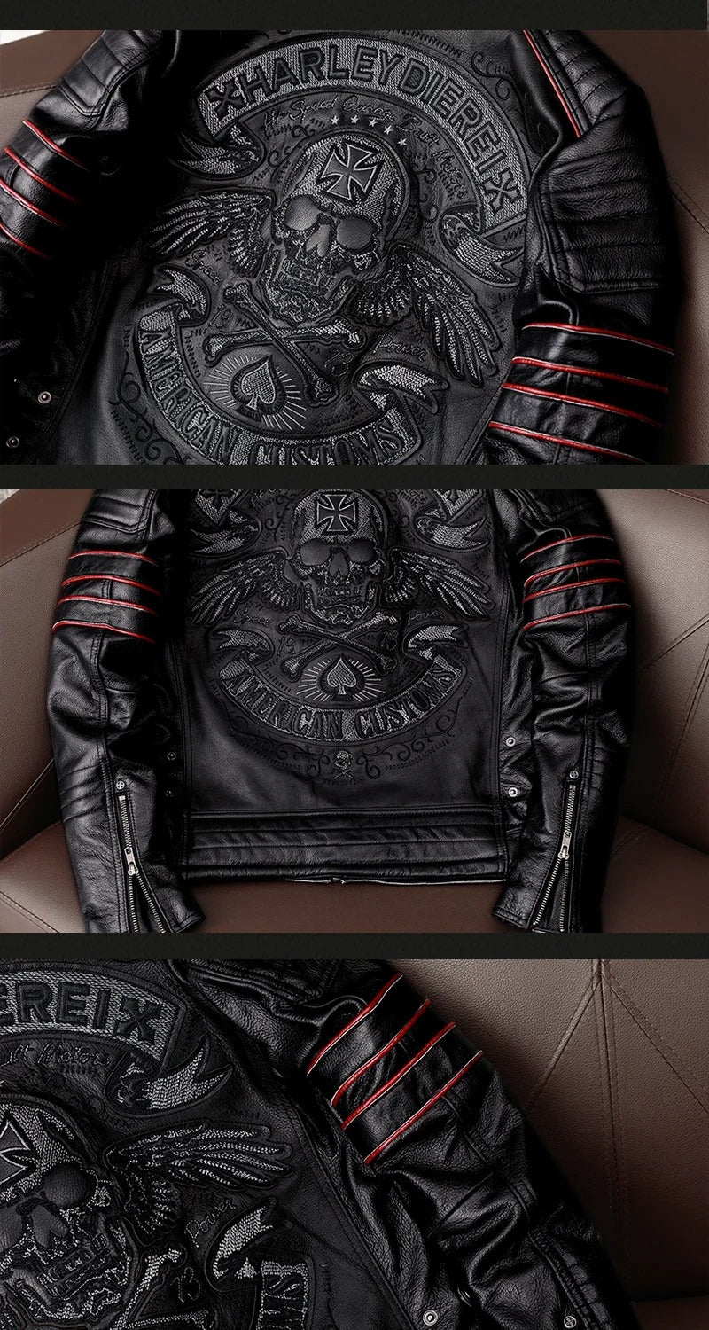 Men’s Cowhide Leather Motorcycle Jacket – Skull Embroidery Slim Fit Biker Coat