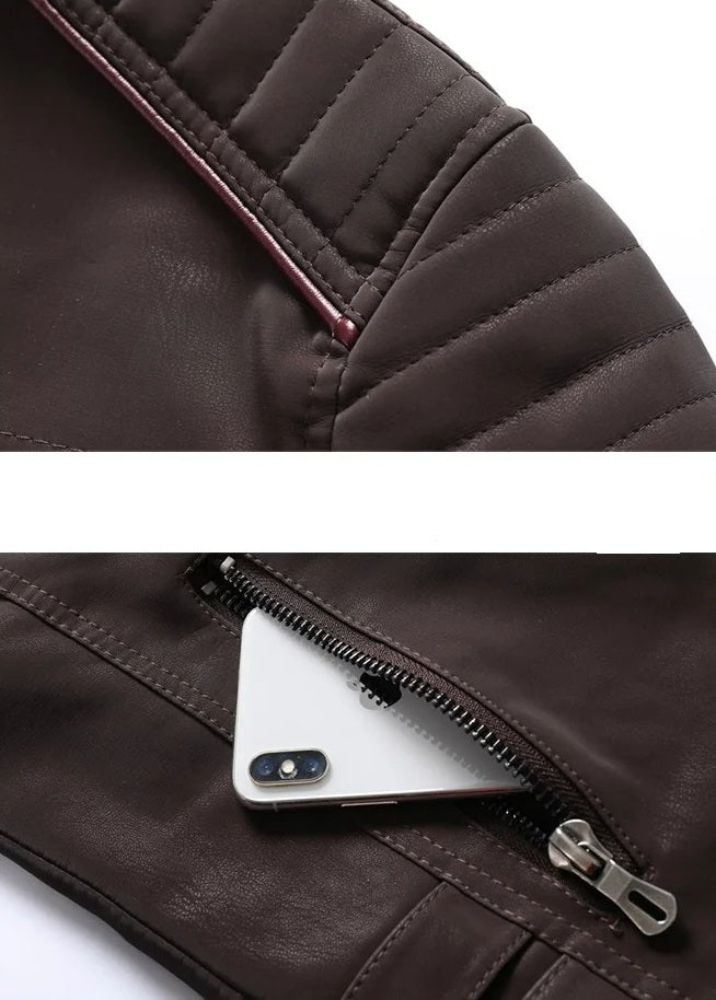 Men’s Winter PU Leather Motorcycle Jacket – Vintage Fleece-Lined Multi-Pocket Coat