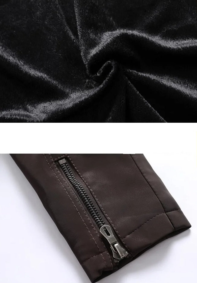 Men’s Winter PU Leather Motorcycle Jacket – Vintage Fleece-Lined Multi-Pocket Coat