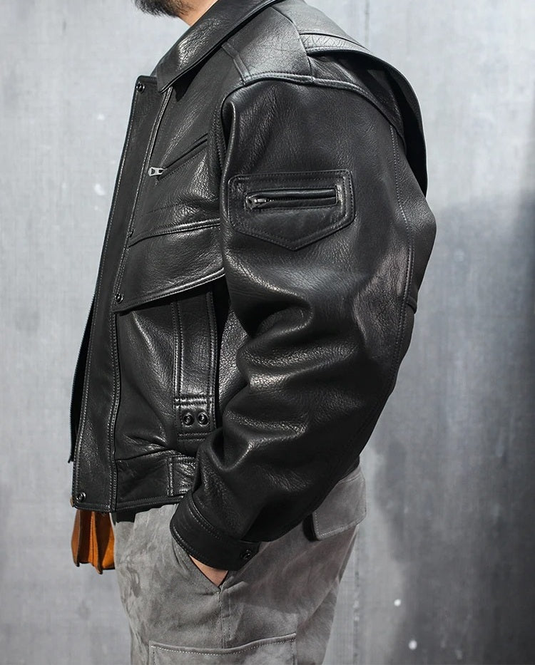 Men’s PU Leather Motorcycle Jacket – Short Black Moto Biker Coat with Zipper