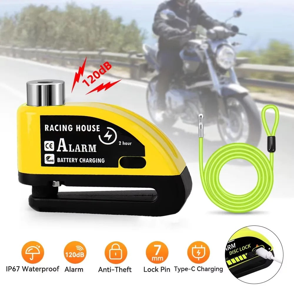 120dB Motorcycle Disc Brake Alarm Lock – Rechargeable & Waterproof