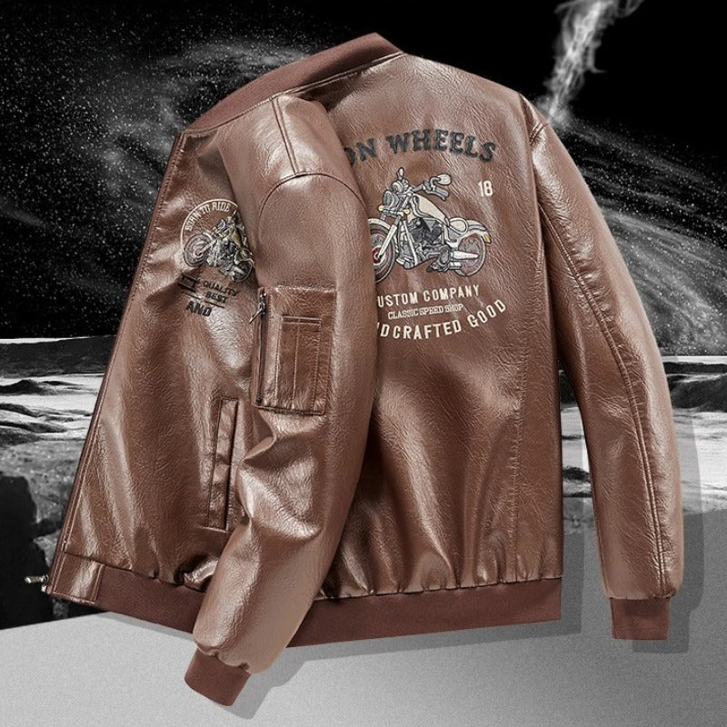 Men’s Embroidery PU Leather Motorcycle Jacket – Slim Fit Casual Pilot Biker Coat