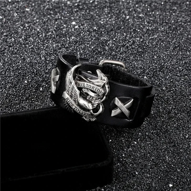 Leather Biker Eagle Bracelet – Gothic Motorcycle Cuff