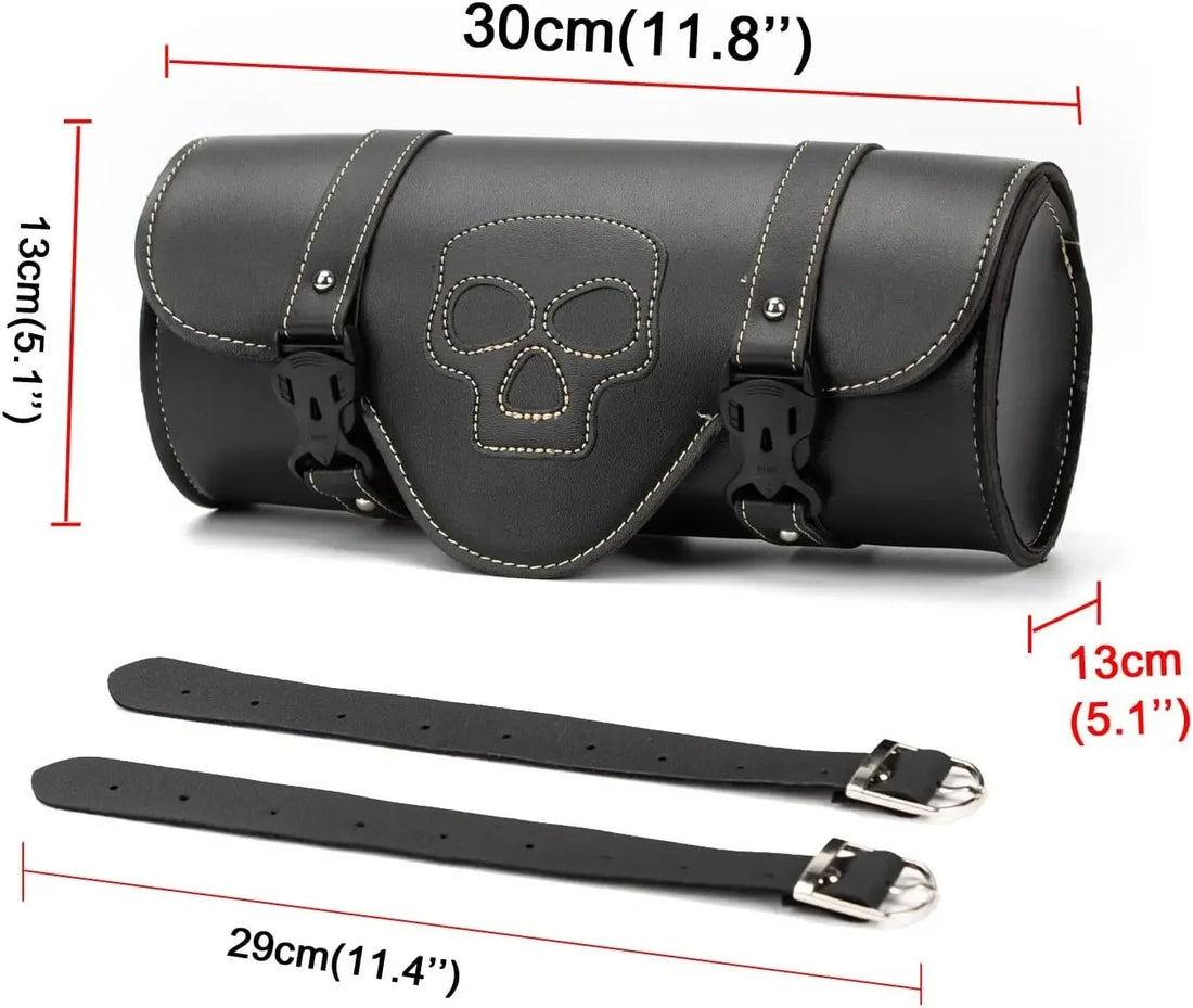 Skull Embroidered Motorcycle Tool Bag – PU Leather Handlebar Roll Saddlebag