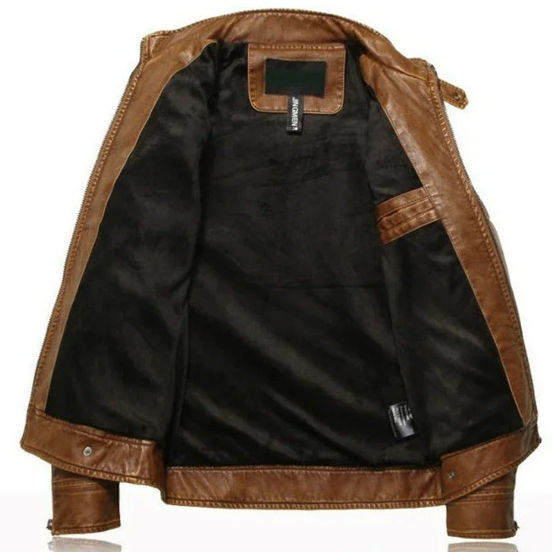 Men’s PU Leather Jacket – Classic Motorcycle Coat with Rivet Details & Mandarin Collar