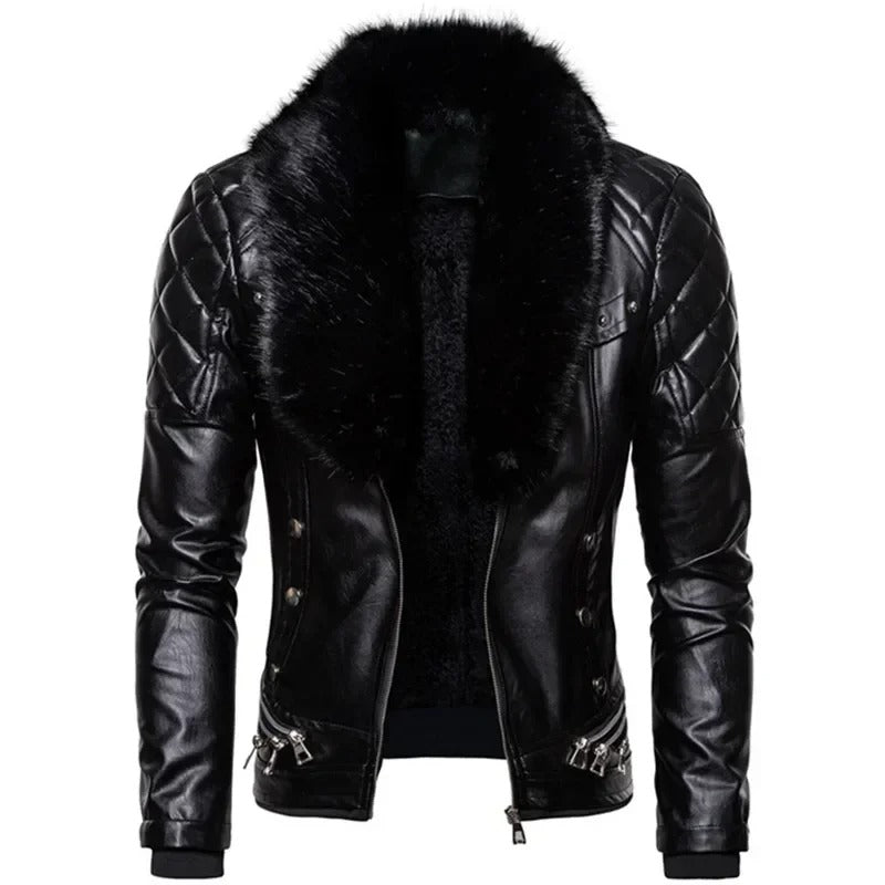 Men’s PU Leather Bomber Jacket – Slim Fit Motorcycle Coat with Removable Suede Collar & Wool Lining