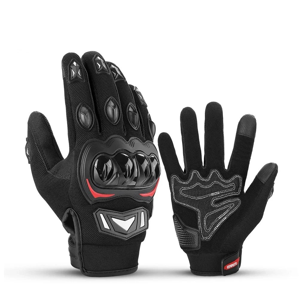 Black motorcycle gloves with red accents on a white background