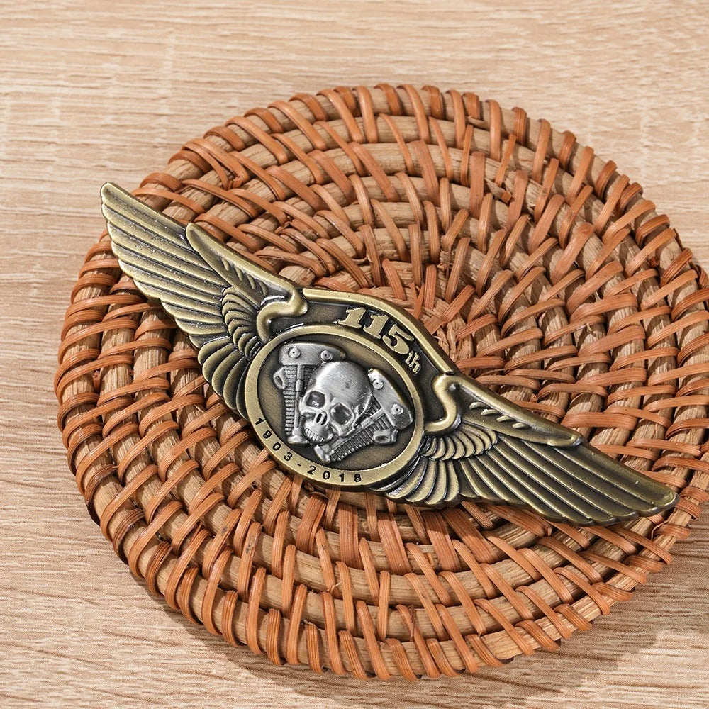 Skull Double Wing Biker Brooch – Retro Metal Pin