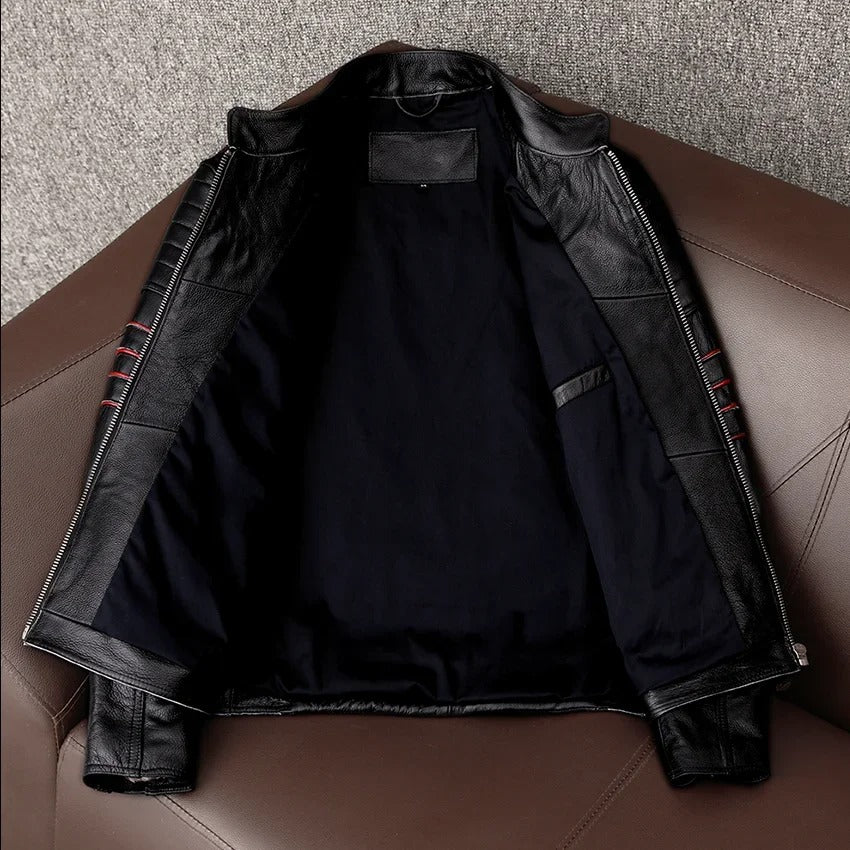 Men’s Cowhide Leather Motorcycle Jacket – Skull Embroidery Slim Fit Biker Coat