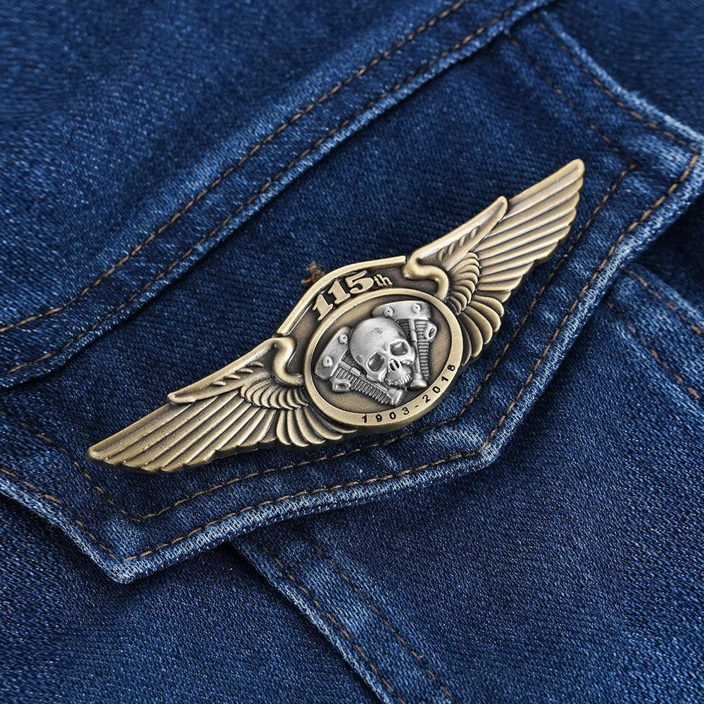 Skull Double Wing Biker Brooch – Retro Metal Pin