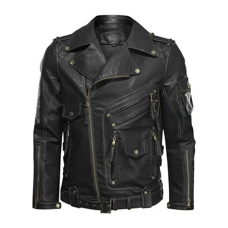 Men’s PU Leather Motorcycle Jacket – Autumn/Winter Faux Leather Coat with Zipper Pockets