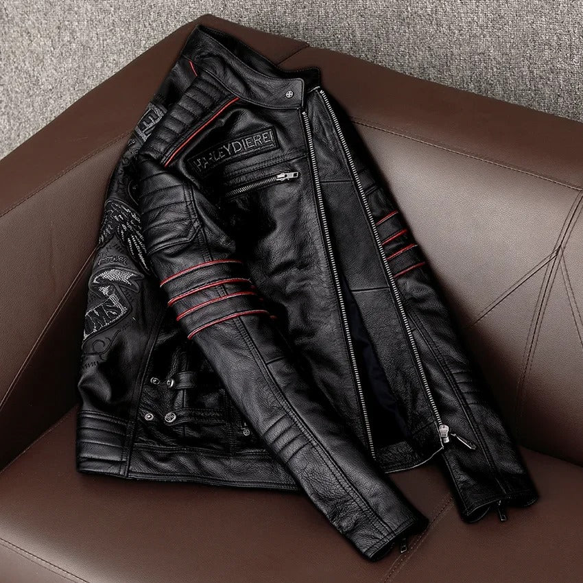 Men’s Cowhide Leather Motorcycle Jacket – Skull Embroidery Slim Fit Biker Coat