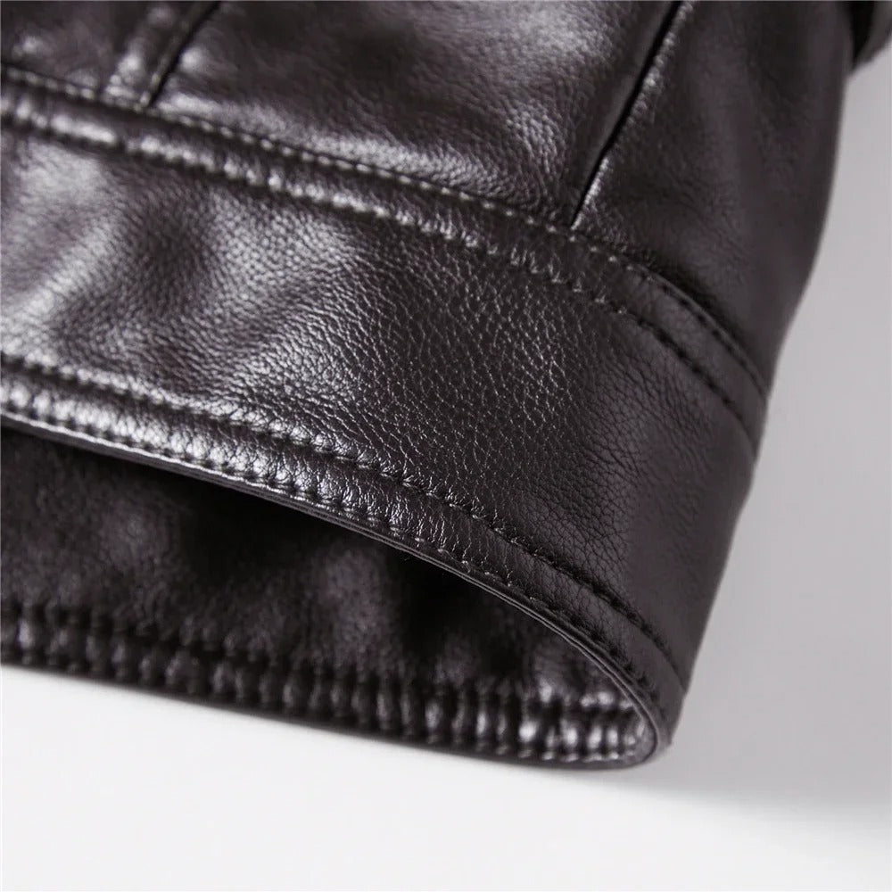 Men’s Slim Fit PU Leather Motorcycle Jacket – Fur-Lined Winter Biker Coat