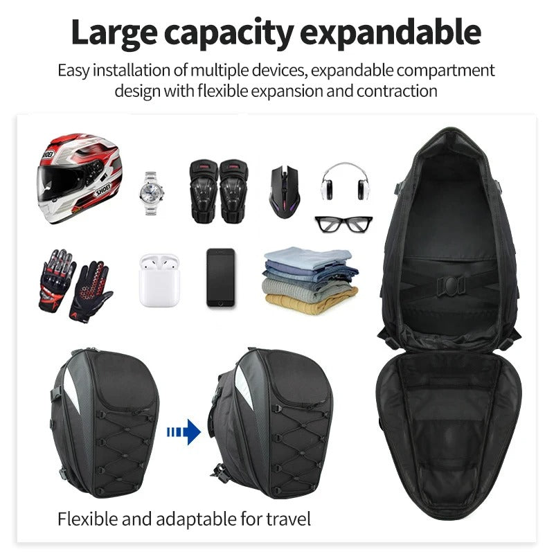 Motorcycle Waterproof Tail & Saddle Bag – Helmet Backpack with Reflective Strips