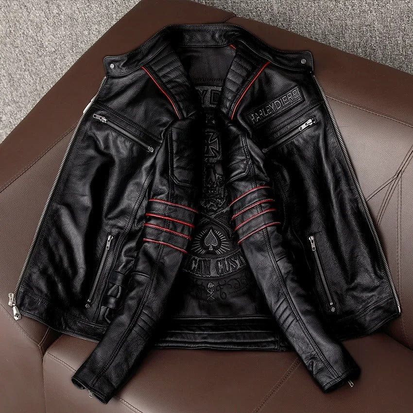 Men’s Cowhide Leather Motorcycle Jacket – Skull Embroidery Slim Fit Biker Coat
