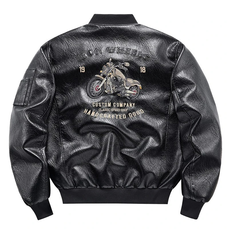Men’s Embroidery PU Leather Motorcycle Jacket – Slim Fit Casual Pilot Biker Coat