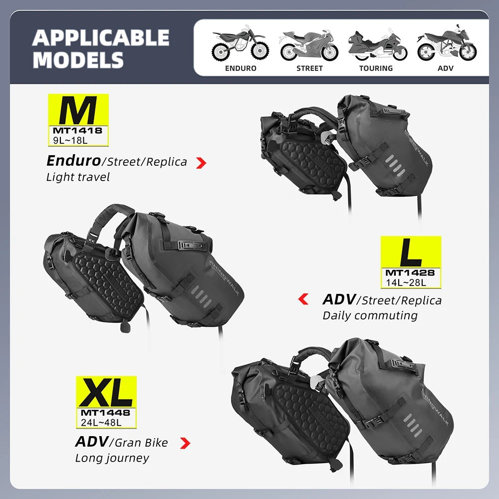 Motorcycle Saddle Bags – 100% Waterproof Panniers 18L / 28L / 48L