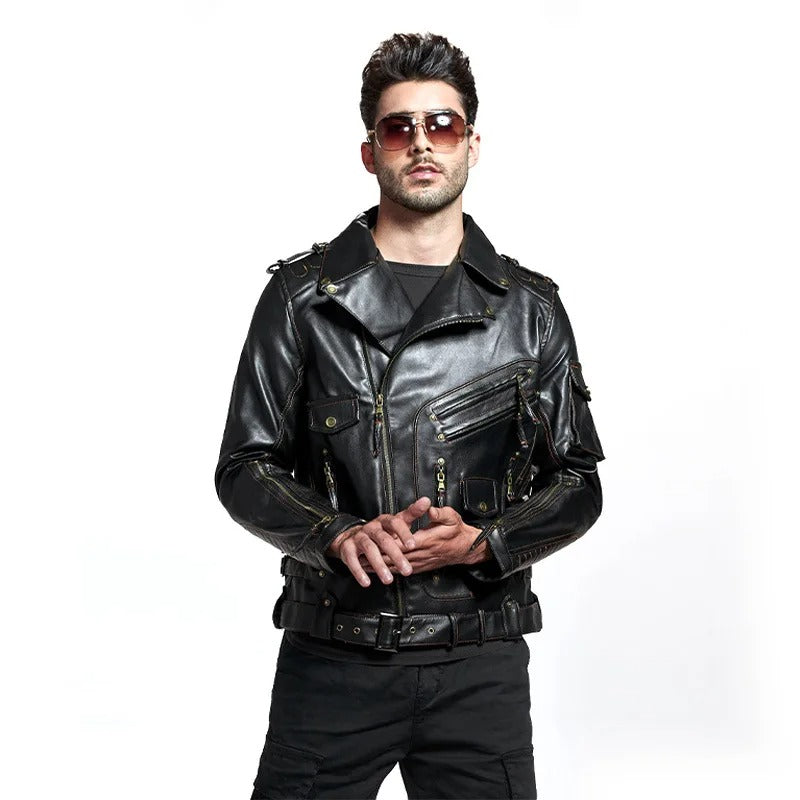 Men’s PU Leather Motorcycle Jacket – Autumn/Winter Faux Leather Coat with Zipper Pockets