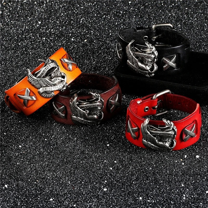 Leather Biker Eagle Bracelet – Gothic Motorcycle Cuff