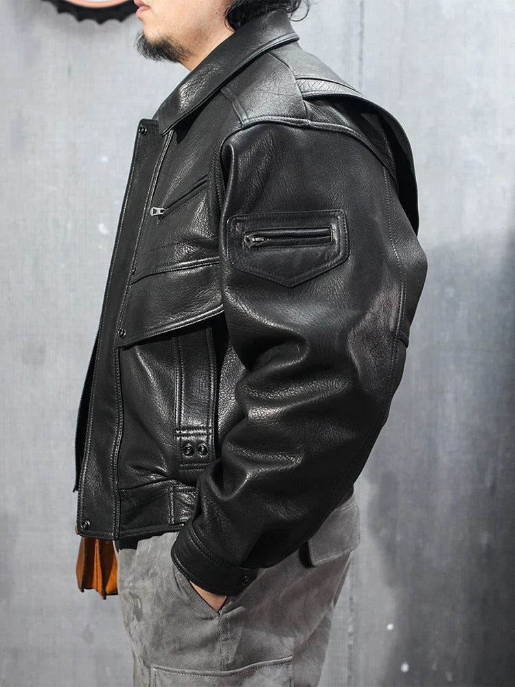 Men’s PU Leather Motorcycle Jacket – Short Black Moto Biker Coat with Zipper