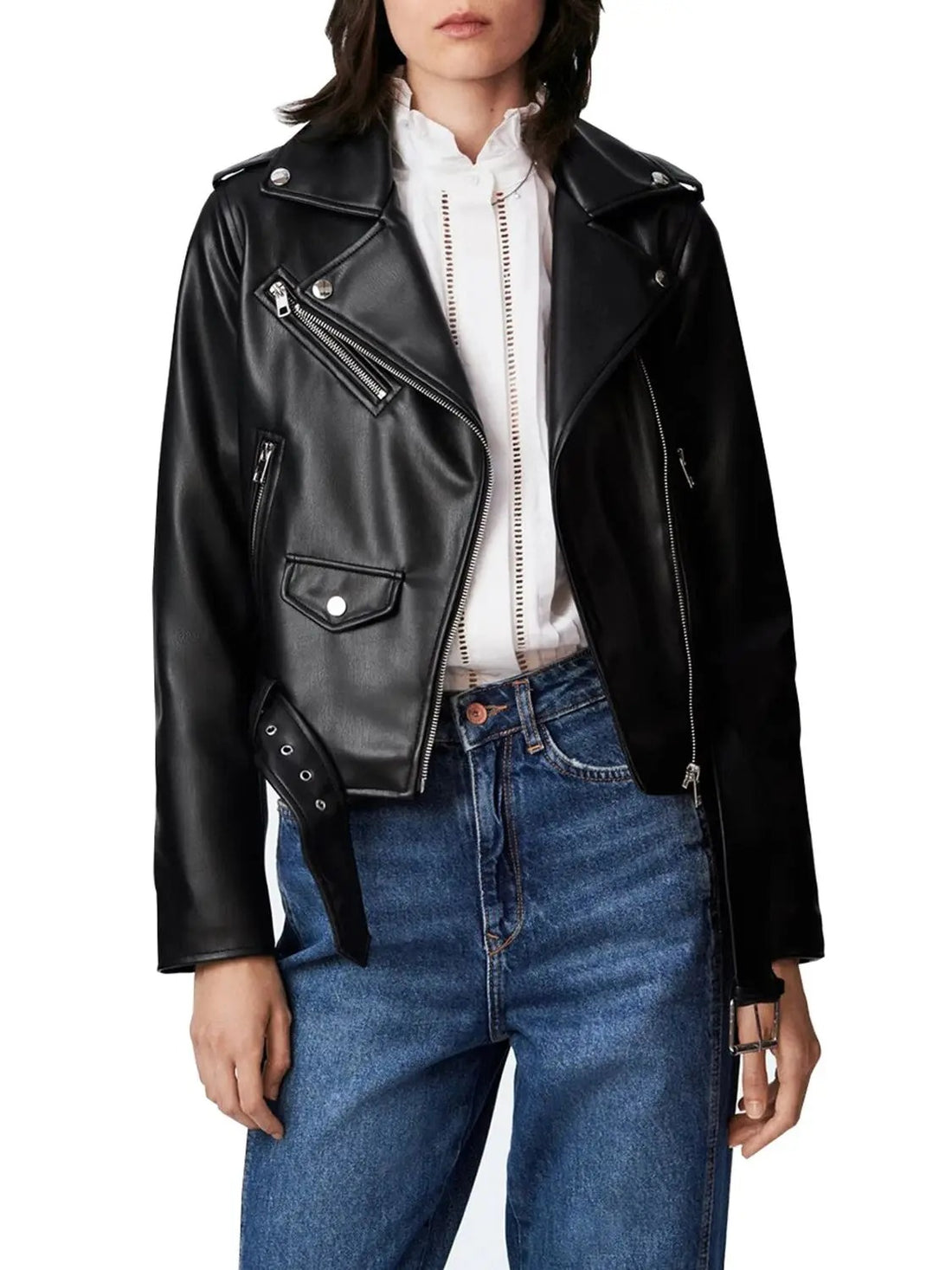 Women’s Faux Leather Motorcycle Jacket – Slim Short PU Biker Coat