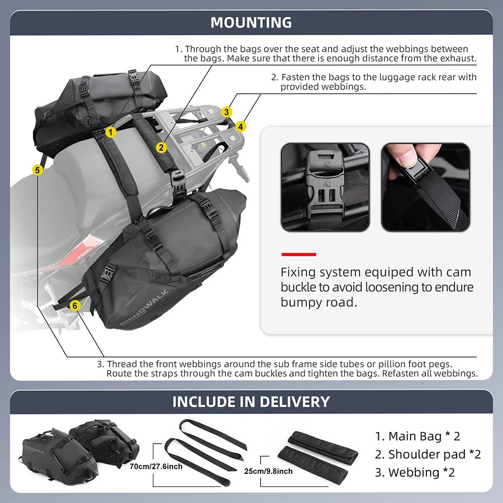 Motorcycle Saddle Bags – 100% Waterproof Panniers 18L / 28L / 48L