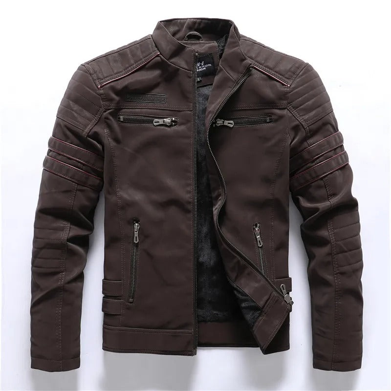 Men’s Winter PU Leather Motorcycle Jacket – Vintage Fleece-Lined Multi-Pocket Coat