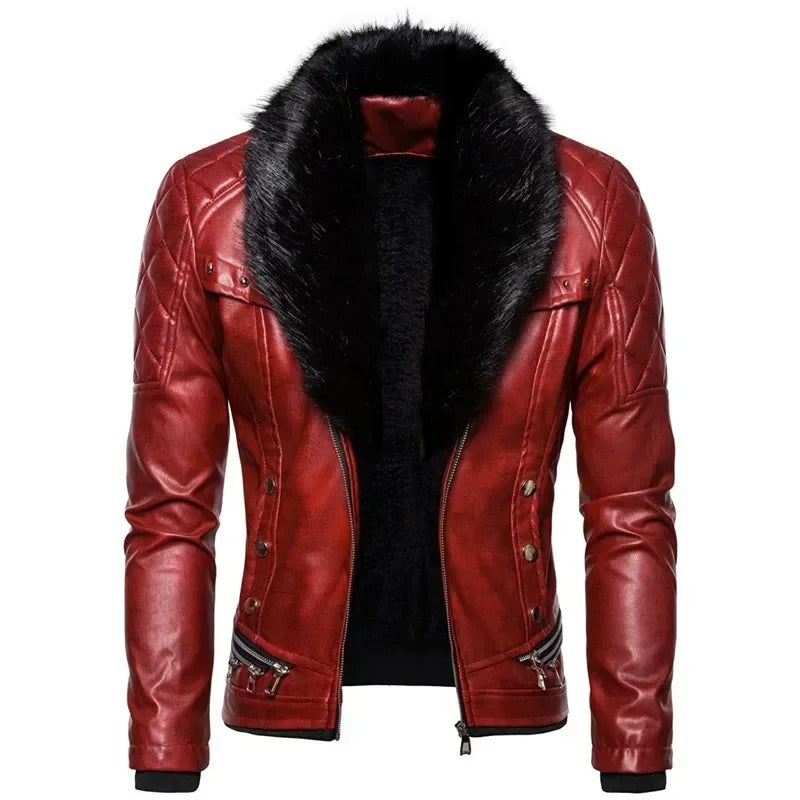Men’s PU Leather Bomber Jacket – Slim Fit Motorcycle Coat with Removable Suede Collar & Wool Lining
