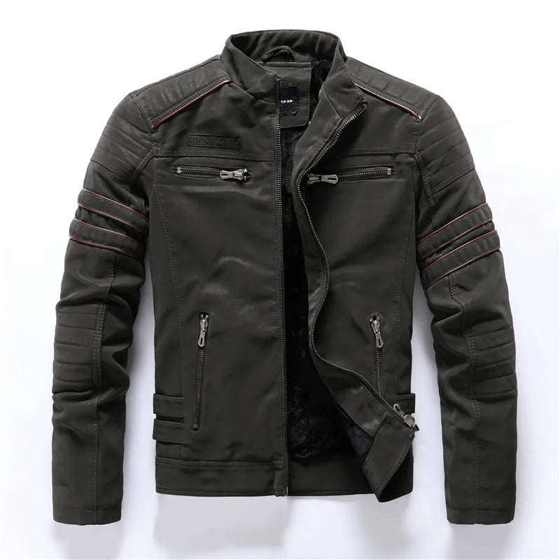 Men’s Winter PU Leather Motorcycle Jacket – Vintage Fleece-Lined Multi-Pocket Coat