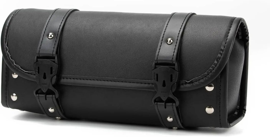 Universal Motorcycle Tool Bag – PU Leather Handlebar Roll Saddlebag, Black