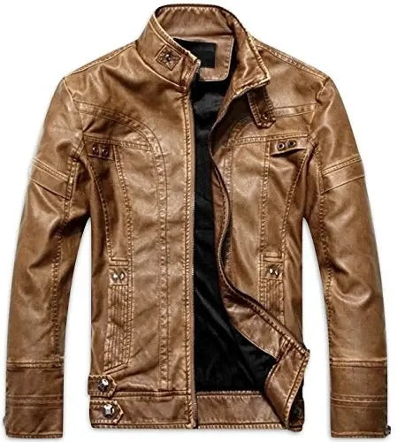 Men’s PU Leather Jacket – Classic Motorcycle Coat with Rivet Details & Mandarin Collar