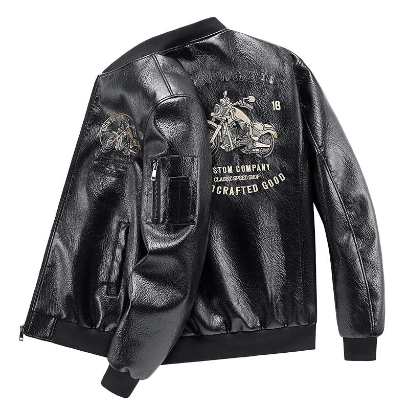 Men’s Embroidery PU Leather Motorcycle Jacket – Slim Fit Casual Pilot Biker Coat