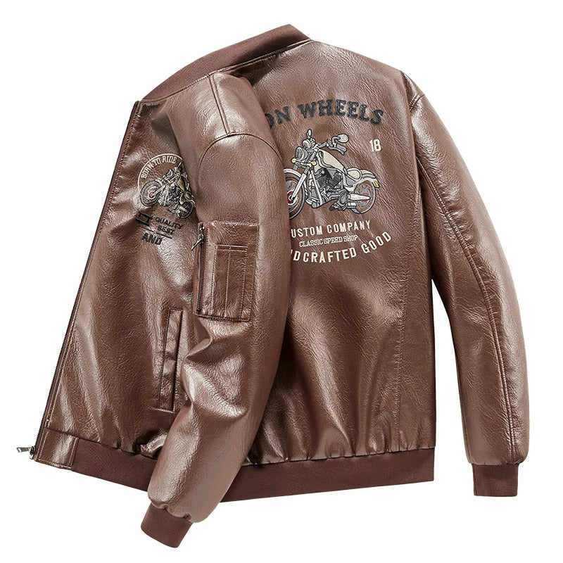 Men’s Embroidery PU Leather Motorcycle Jacket – Slim Fit Casual Pilot Biker Coat